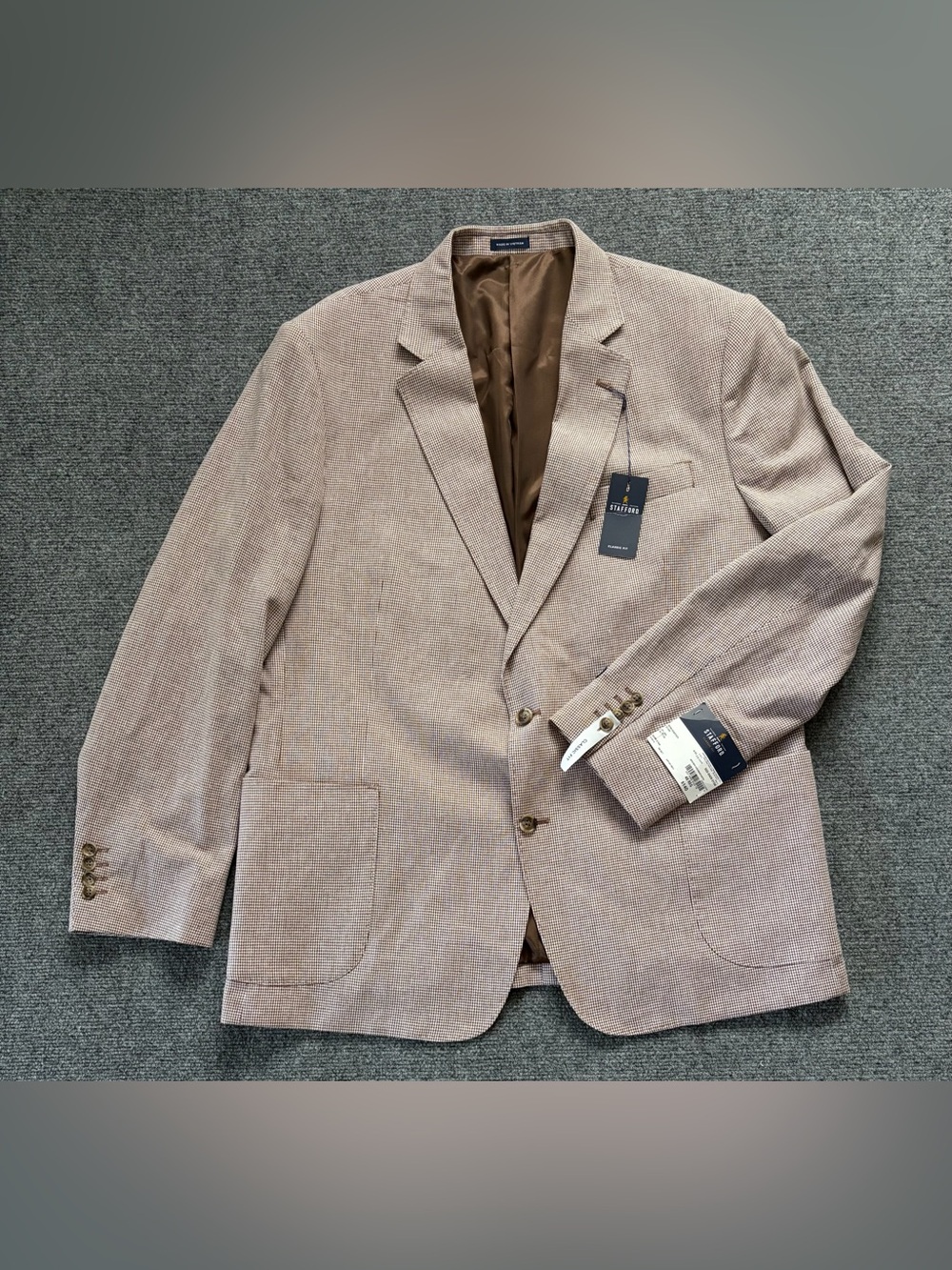 Stafford Classic Fit Sport Coat Blazer 48R Brown Houndstooth Linen Cotton NWT